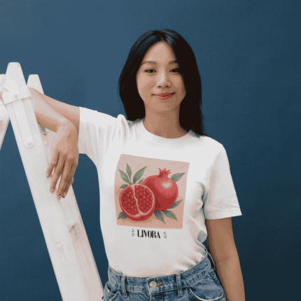 Бяла тениска Pomegranate с принт на плод нар и зелени листа – LIVORA